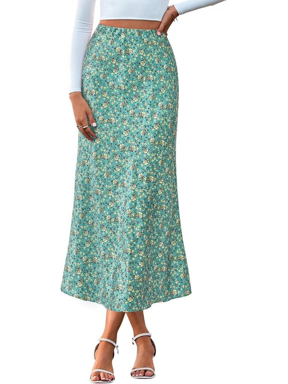 Women Lake Blue High Waisted A-Line Silky Flowy Bias Cut Satin Midi Skirt